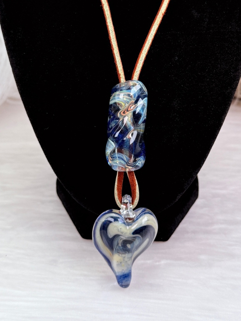 Vintage Art Glass Heart Pendant Brown Cord Necklace Handmade Artisan Blue Swirl